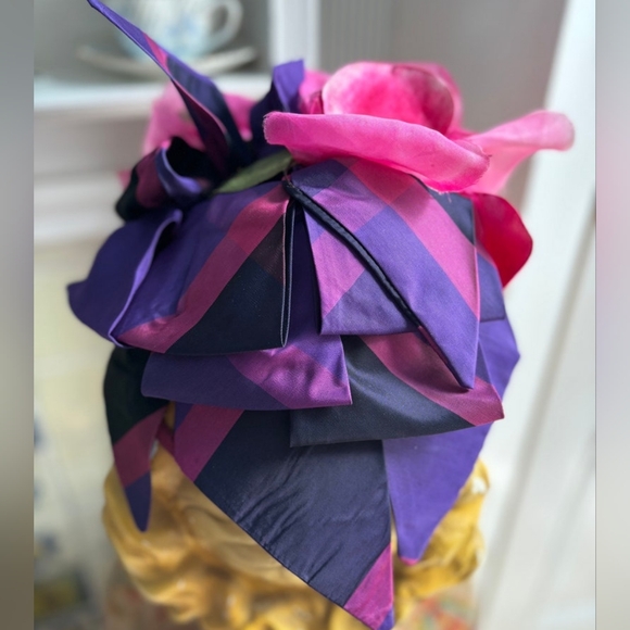 True Vintage 1940s Pink And Purple Floral And Stripe Bow Hat Fascinator main image 6